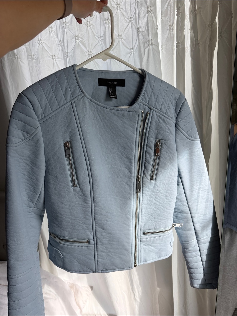 Forever 21 Pale Blue Quilted Faux Leather Moto Jacket